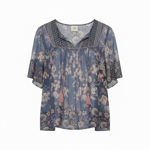 Knox Rose Tops - Knox Rose Women's Floral Tassels V Neck Boho Peasant Blouse XL Blue Pink White